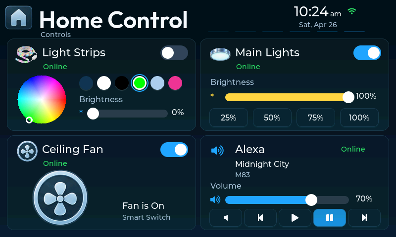ESP Home Panel Classic theme showing light brightness, fan speed, media controls, and time.
